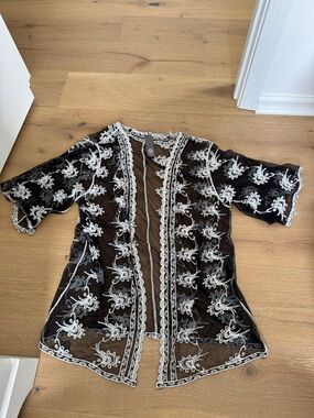 Vince Camuto Black Embroidered beach cover up  with White Lace Detail